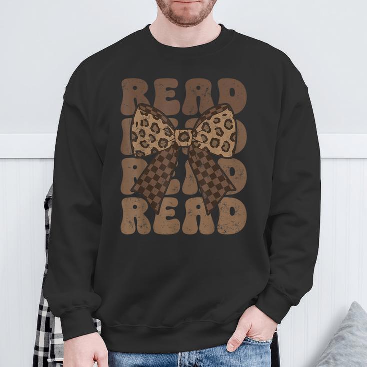 Read Coquette Bow Retro Western Groovy Leopard Reading Sweatshirt Gifts for Old Men