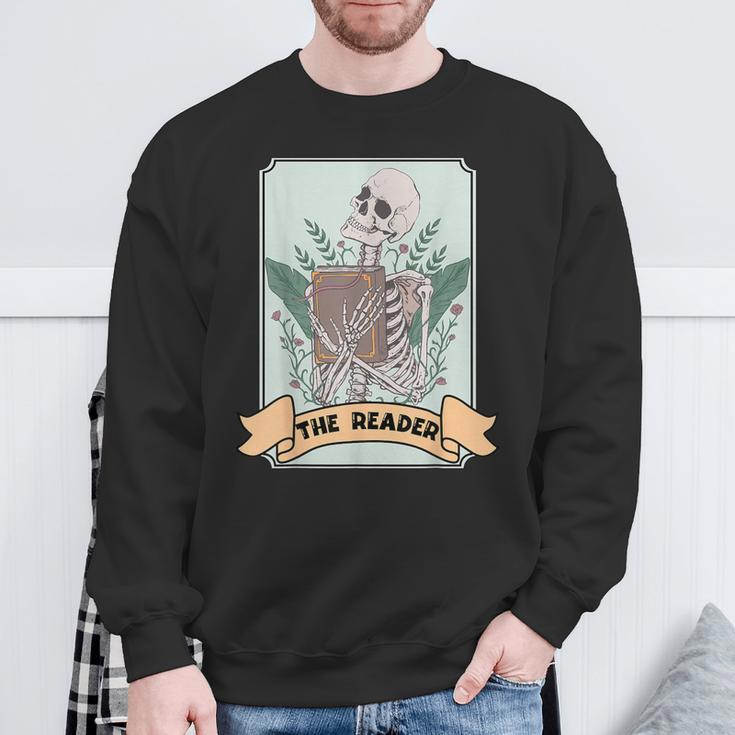 The Reader Tarot Card Skeleton With Book Lover Bookworm Sweatshirt Gifts for Old Men