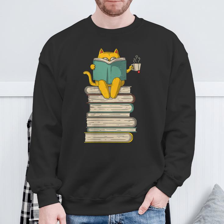 Reading Cat Book & Tea Lover Sweatshirt Gifts for Old Men