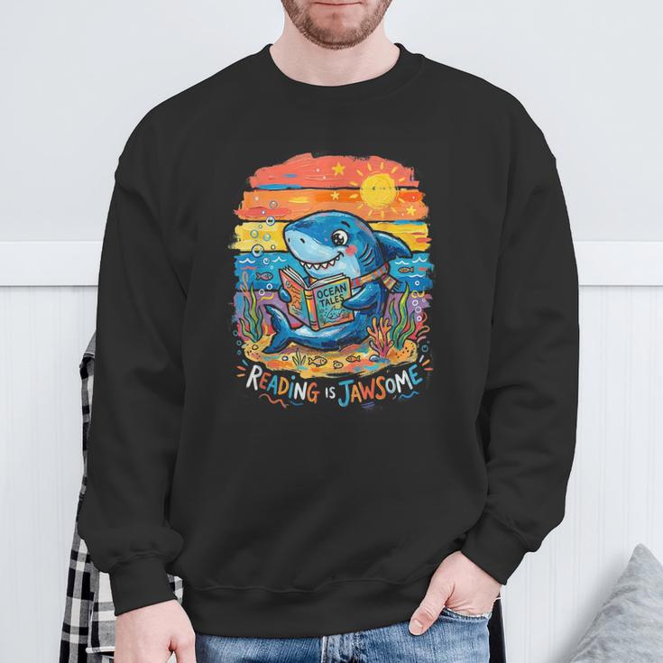 Reading Is Jawsome Shark Book Lover Ocean Tales Sweatshirt Gifts for Old Men