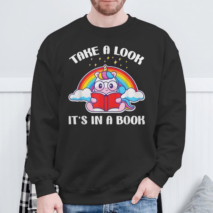 Reading Unicorn Take A Look It's In A Book Retro Rainbow Sweatshirt Gifts for Old Men