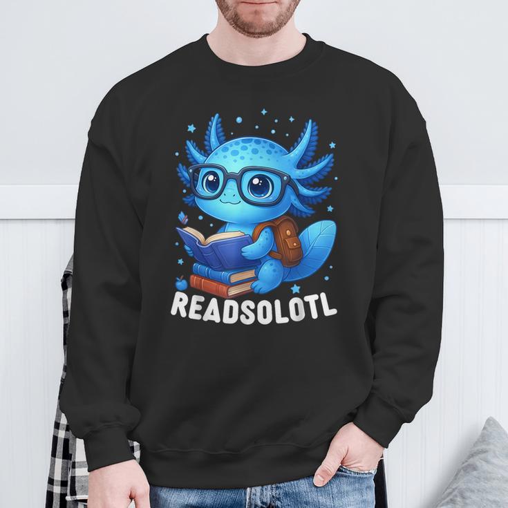 Readsolotl Blue Kawaii Axolotl Book Lover Reading Sweatshirt Gifts for Old Men