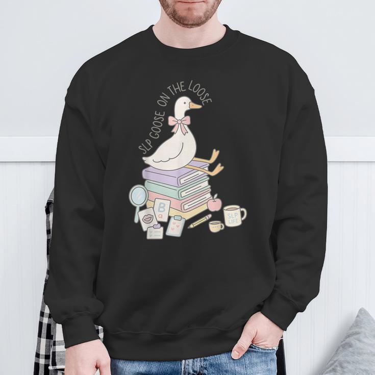 Retro Book SLP Goose On The Loose Speech Language Pathology Sweatshirt Gifts for Old Men
