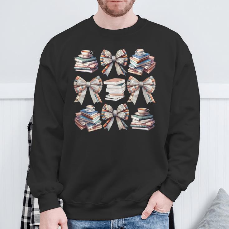 Retro Coquette Bows Book Coffee Bookworm Librarian Book Nerd Sweatshirt Gifts for Old Men