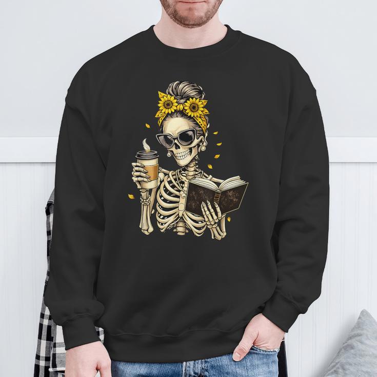 Skeleton Girl Drinking Coffee Bow Sunflower Book Lover Sweatshirt Gifts for Old Men