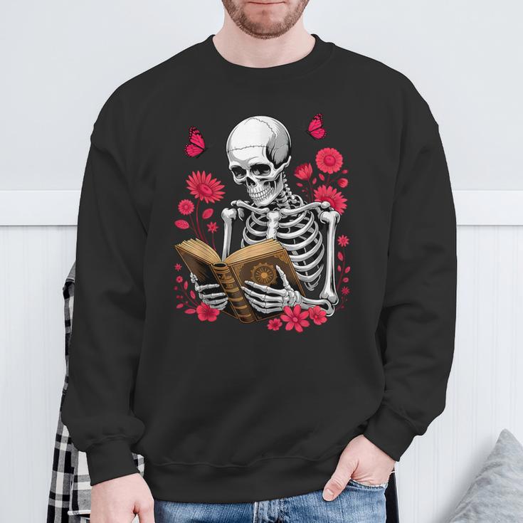 Skeleton Reading Book Lover Floral Flowers Bookish Bookworm Sweatshirt Gifts for Old Men