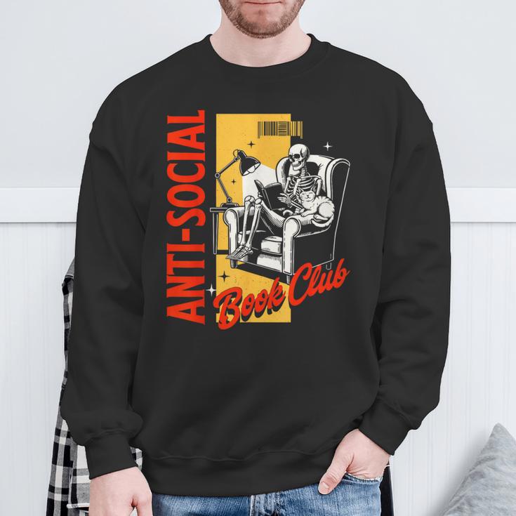 Skeleton Reads a Book Anti Social Book Club Sweatshirt Gifts for Old Men