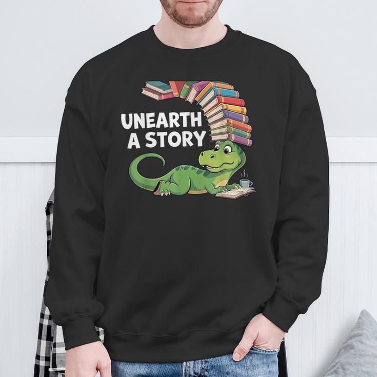 Summer Reading 2026 Unearth a Story Theme Dinosaur Book Nerd Sweatshirt Gifts for Old Men