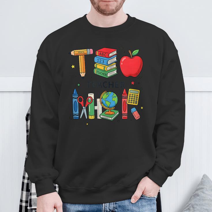 Teacher School Supplies Apple Books Pencil Globe Crayon Sweatshirt Gifts for Old Men