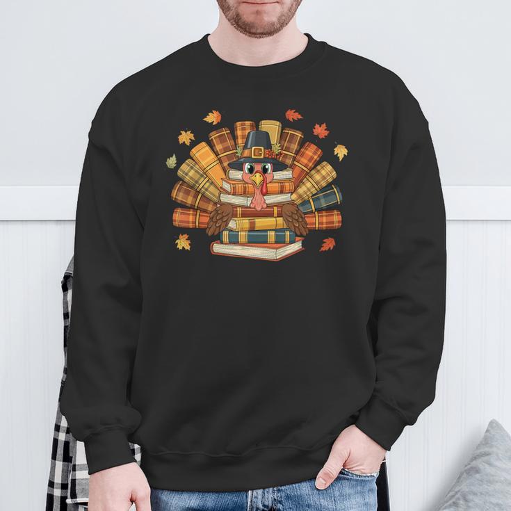 Thanksgiving Turkey Reading Book Fall Season Teacher Costume Sweatshirt Gifts for Old Men