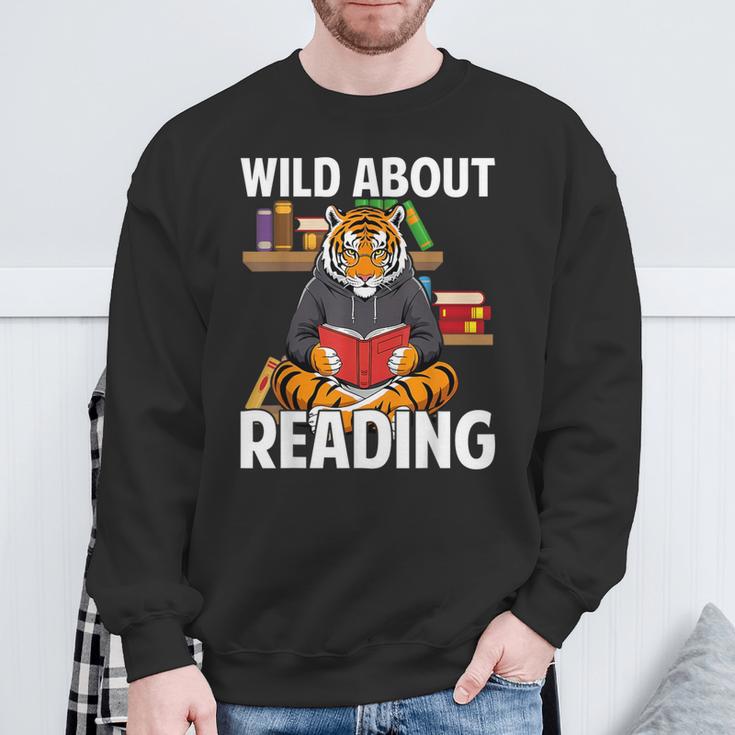 Tiger Reading Book Wearing Glasses Library Animal Sweatshirt Gifts for Old Men