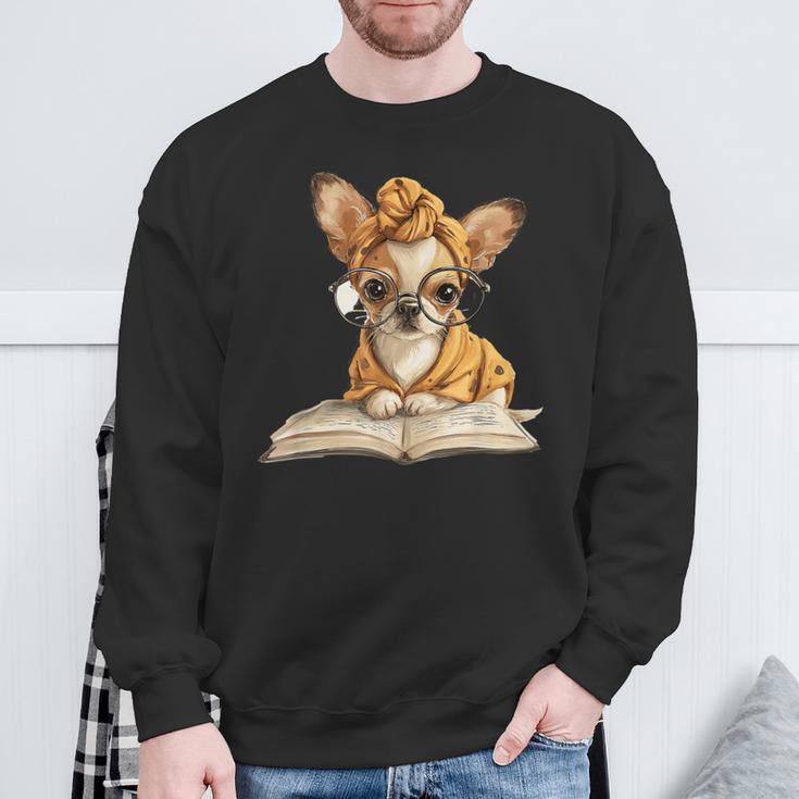 Tiny Puppy Open Book Reading Dog Lover Graphic Round Glasses Sweatshirt Gifts for Old Men