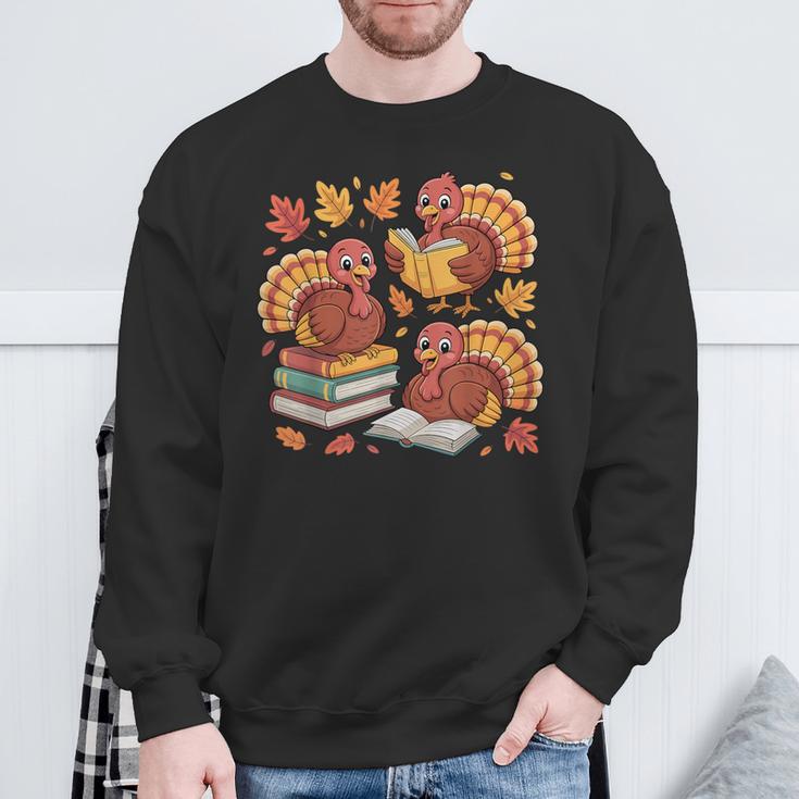 Turkey Reading Books Fall Thanksgiving Teacher Librarian Sweatshirt Gifts for Old Men