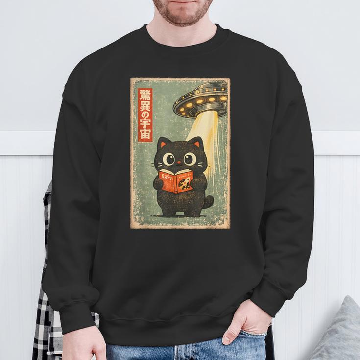 Vintage Japanese Cat Book Lovers UFO Alien Abduction Cat Dad Sweatshirt Gifts for Old Men