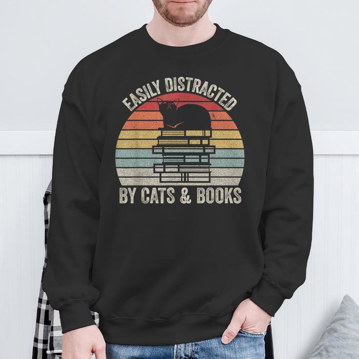 Vintage Retro Easily Distracted By Cats And Books Cat Sweatshirt Gifts for Old Men