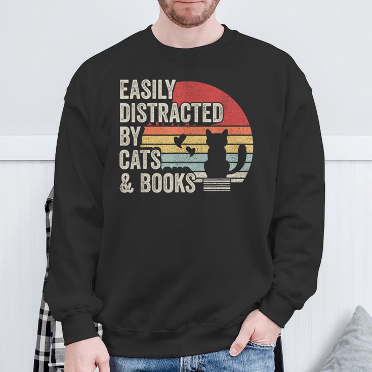 Vintage Retro Easily Distracted By Cats And Books Sweatshirt Gifts for Old Men