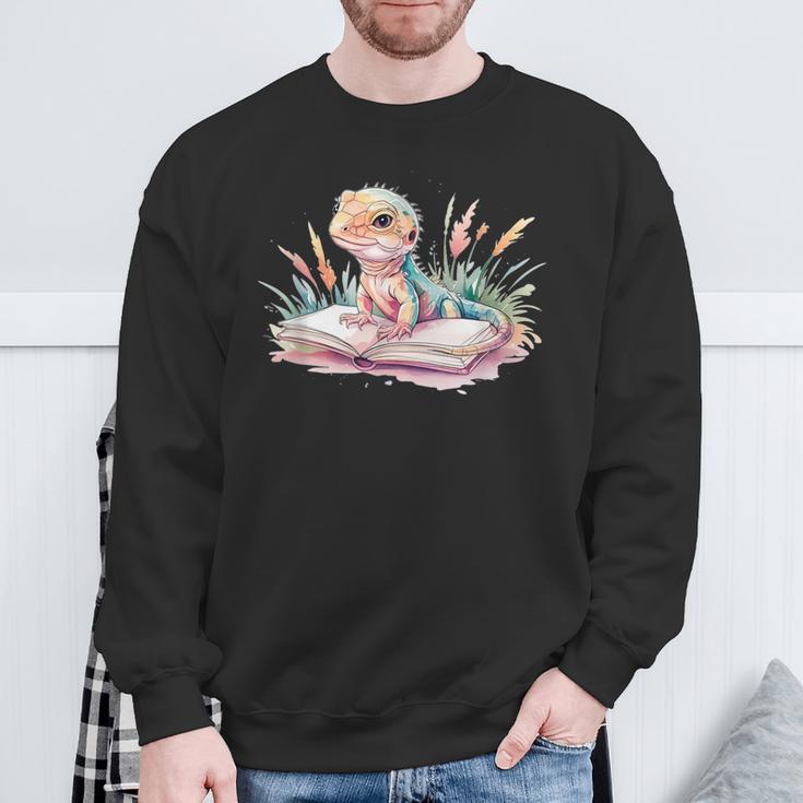 Watercolor Lizzard Reading Book Cute Kids Sweatshirt Gifts for Old Men
