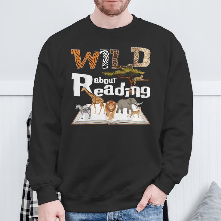 Wild About Reading Animals And Book Lovers Teacher Kids Sweatshirt Gifts for Old Men
