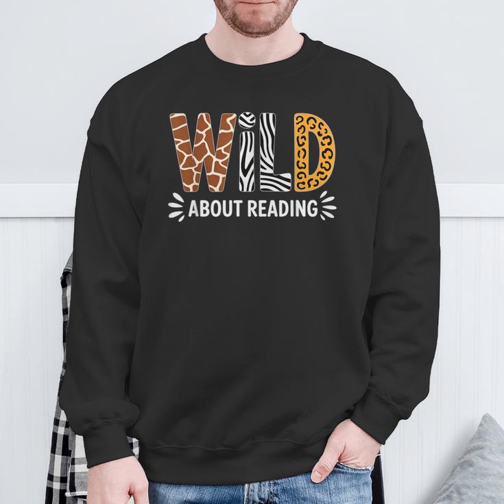 Wild About Reading Book Animal Children's Book Teacher Sweatshirt Gifts for Old Men