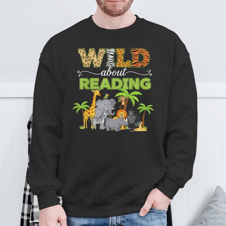 Wild About Reading Books Reader Librarian Wild Animals Lover Sweatshirt Gifts for Old Men