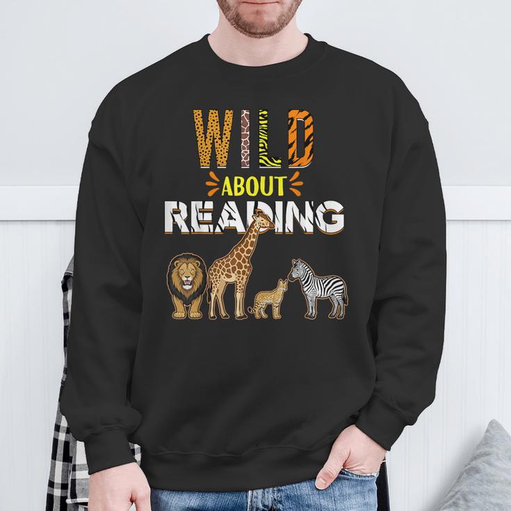 Wild About Reading Books Zoo Animals Love Book Reading Sweatshirt Gifts for Old Men