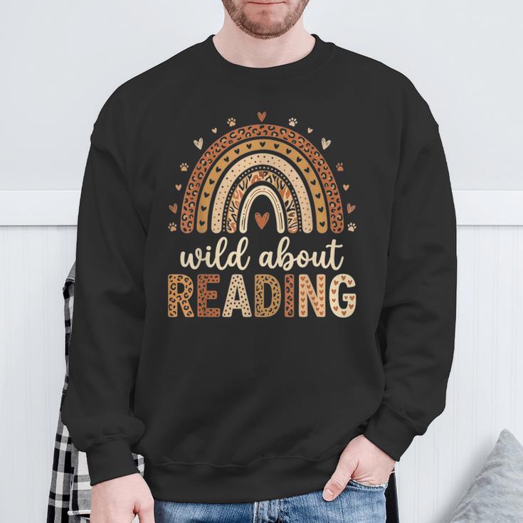 Wild About Reading Cute Rainbow Book Lover Teacher Sweatshirt Gifts for Old Men