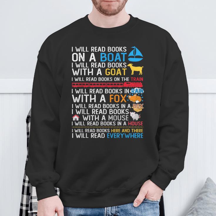 I Will Read Books On A Boat & Everywhere Reading Kids Sweatshirt Gifts for Old Men