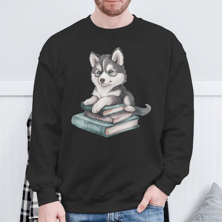 Women's Adorable Watercolor Husky Puppy Dog Reading Books Sweatshirt Gifts for Old Men Women's Adorable Watercolor Husky Puppy Dog Reading Books Sweatshirt Gifts for Old Men