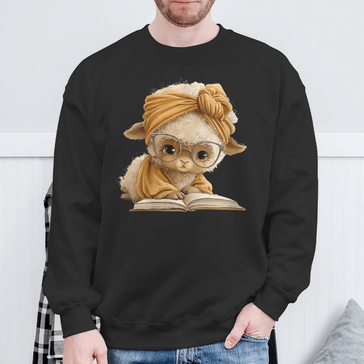 Women's Cute Lamb Reading Book Lover Animal Graphic Baby Sheep Open Sweatshirt Gifts for Old Men