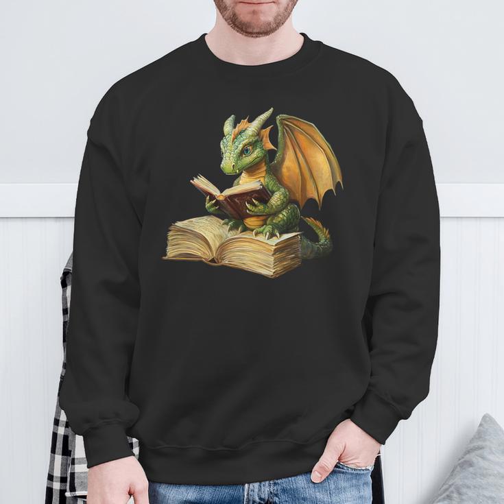 Women's Dragon Bookworm Reading Book Graphic Sweatshirt Gifts for Old Men