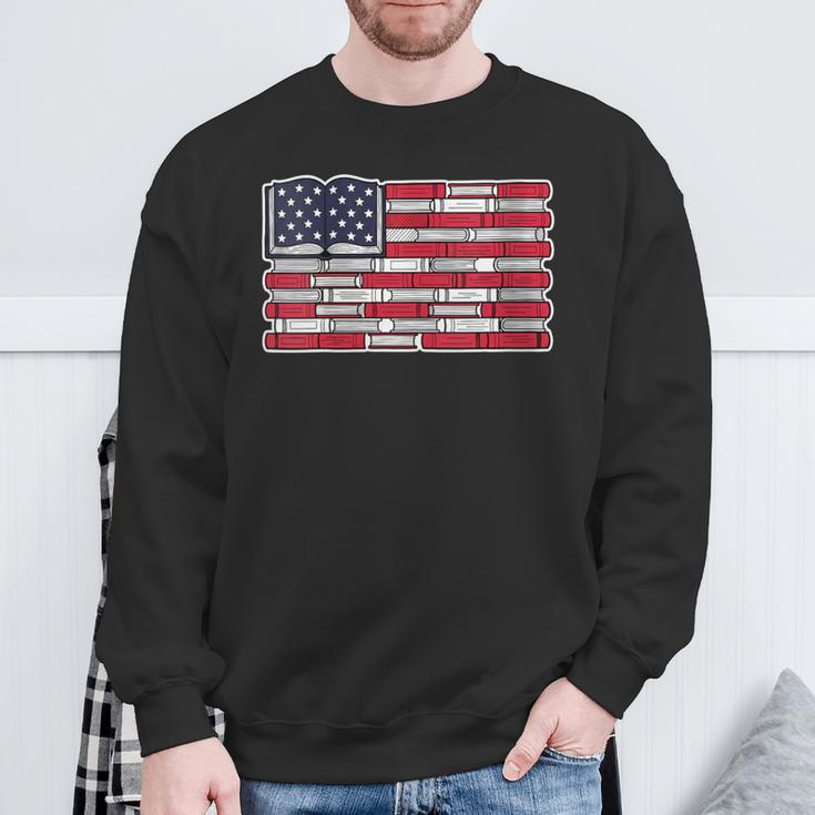 Women's Patriotic Book Flag Reading American Flag Books Teacher Sweatshirt Gifts for Old Men