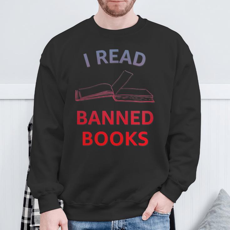 Women's I Read Banned Books Bluegrey-Red Literature Activist Sweatshirt Gifts for Old Men