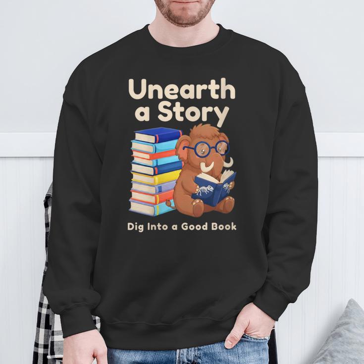 Women's Unearth A Story Reading Mammoth Prehistoric Book Librarian Sweatshirt Gifts for Old Men