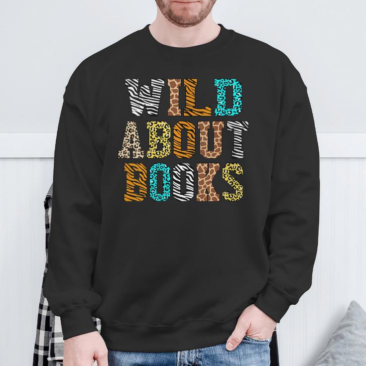 Women's Wild About Books Reading Animal Book Lover Teacher Sweatshirt Gifts for Old Men