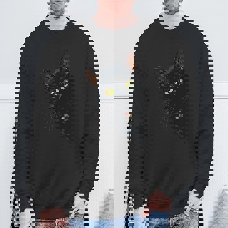 こっそり猫 物陰からじっと見つめる黒猫デザイン 長袖tシャツ スウェットシャツ 高齢者への贈り物