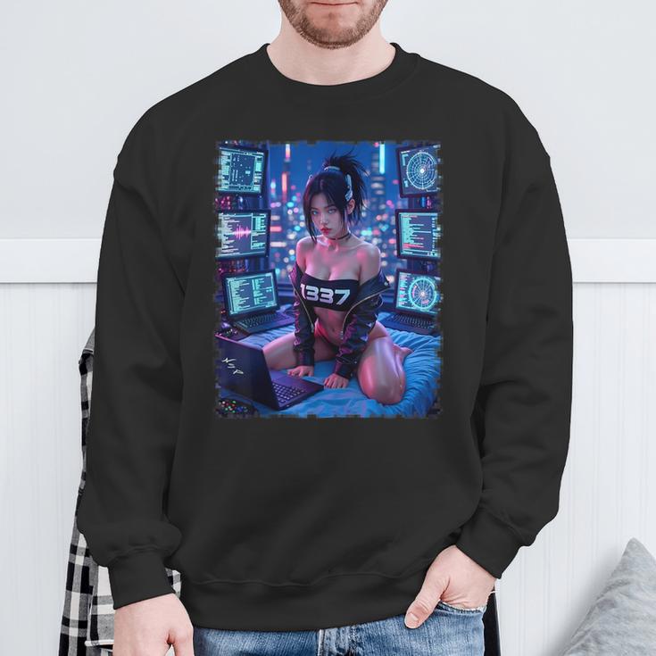 セクシーガールグラフィックtシャツ 1337 サイバーパンク ハッカーガール スウェットシャツ 高齢者への贈り物