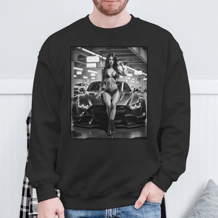 セクシーガールグラフィックtシャツ セクシーピンナップモデル&エキゾチックカーb&W 長袖tシャツ スウェットシャツ 高齢者への贈り物