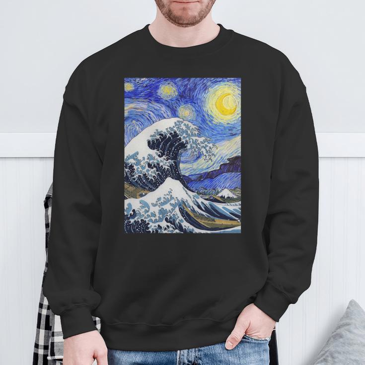 星月夜リメイクとミックスされた神奈川の大波 長袖tシャツ スウェットシャツ 高齢者への贈り物