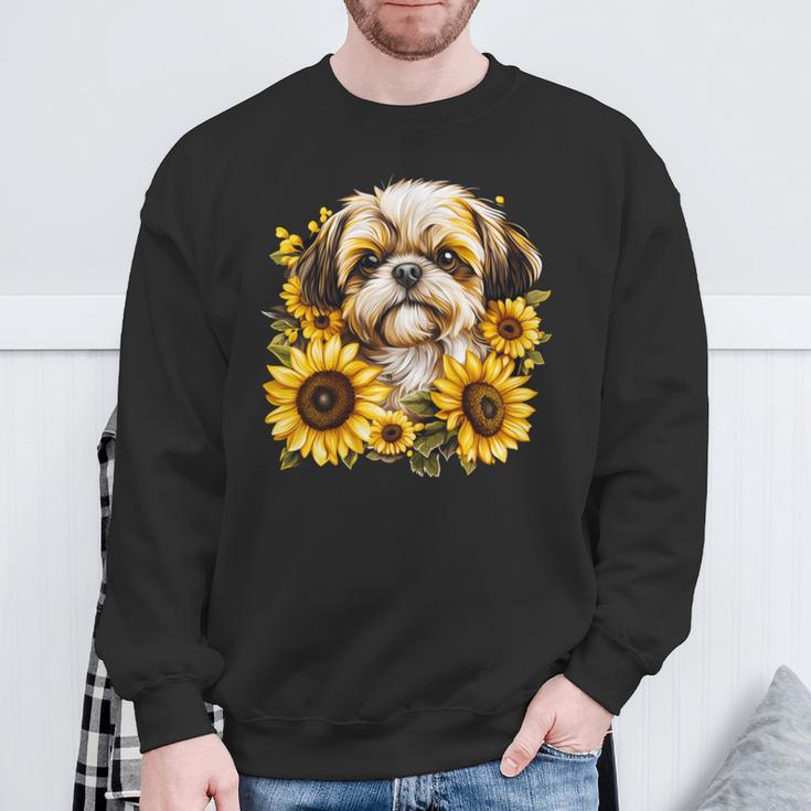 面白いtシャツ シーズー ひまわり わんこ メンズ 犬好き グッズ かわいい おもしろ 面白い 服 ネタ 長袖tシャツ スウェットシャツ 高齢者への贈り物