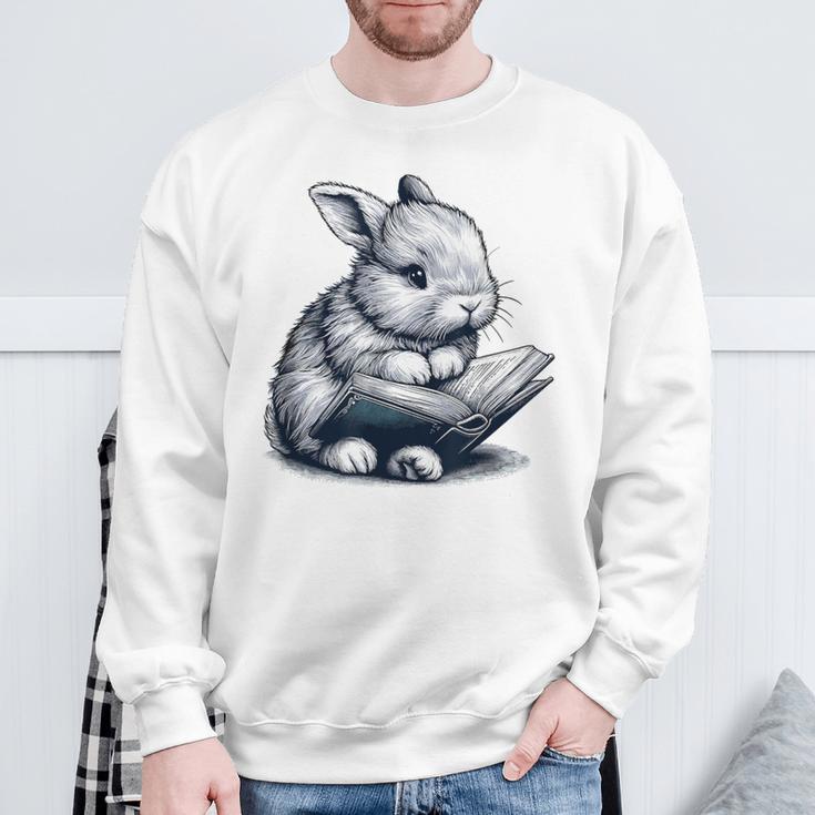 Adorable Reading Bunny Drawing For Book Lovers Philossophers Sweatshirt Gifts for Old Men