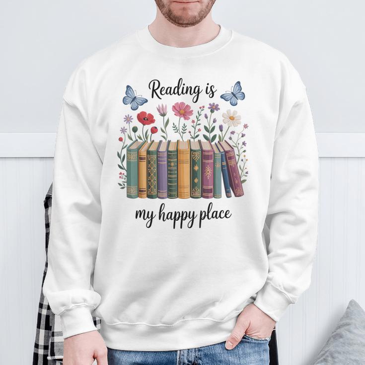Book Lover Floral Reading Is My Happy Place Sweatshirt Gifts for Old Men