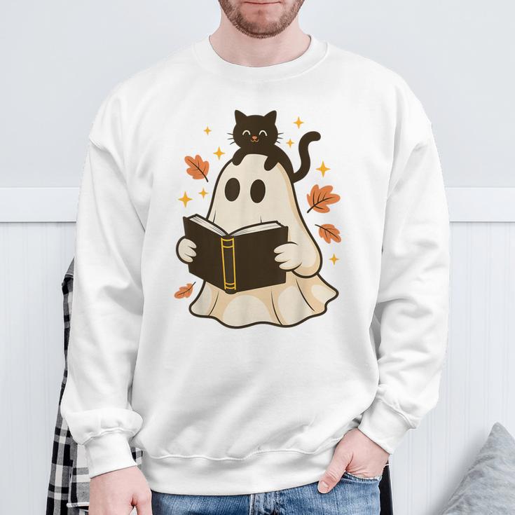 Books Ghost Reading Book Halloween Library Cat Fall Sweatshirt Gifts for Old Men