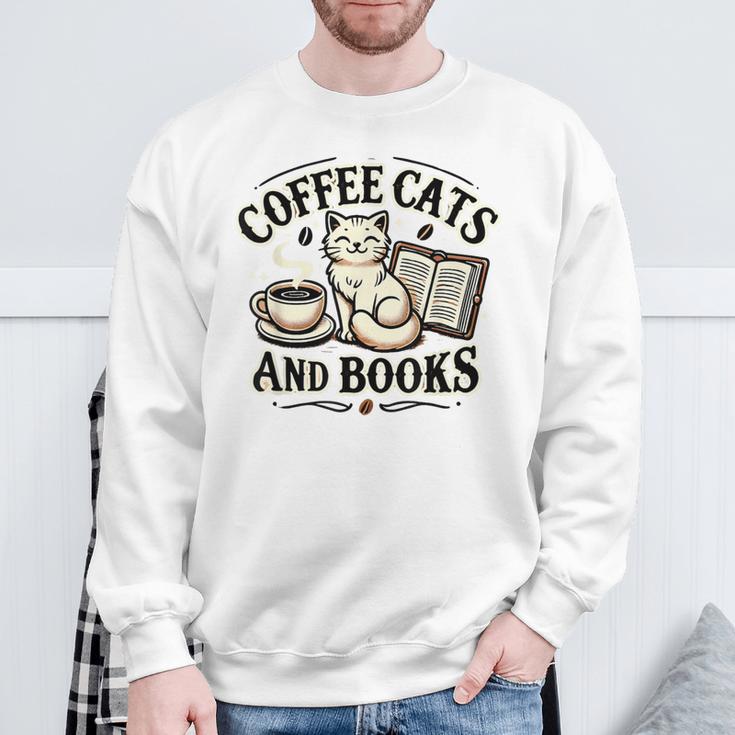 Coffee Cats And Book Reader Book Lovers Librarian Bookworm Sweatshirt Gifts for Old Men