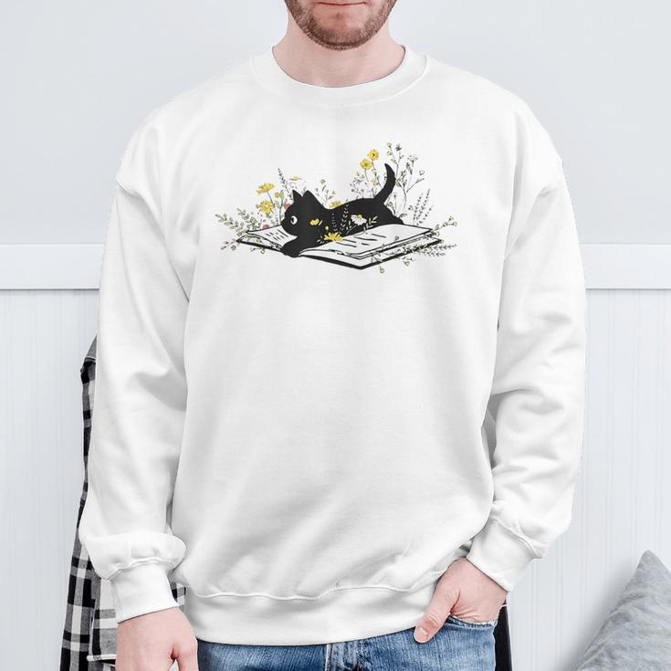 Cute Book Cat Book Lover Floral Teacher Life Women Sweatshirt Gifts for Old Men