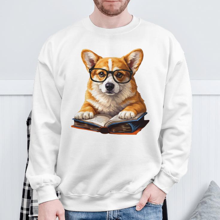 Cute Dog Corgi Reading Book Sweatshirt Gifts for Old Men