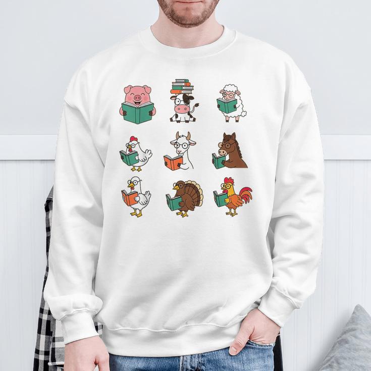 Cute Farm Animals Reading Books Teacher Library Reader Sweatshirt Gifts for Old Men