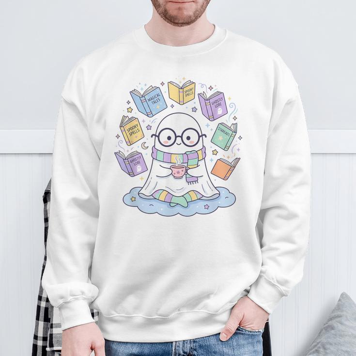 Cute Ghost Reading Books Spooky Magical Tales Witchy Sweatshirt Gifts for Old Men