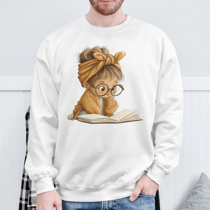Cute Girl Open Book Reading Book Lover Graphic Round Glasses Sweatshirt Gifts for Old Men