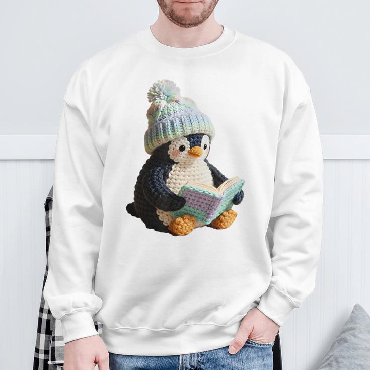 Cute Penguin Reading Book Faux-Crochet Print Sweatshirt Gifts for Old Men