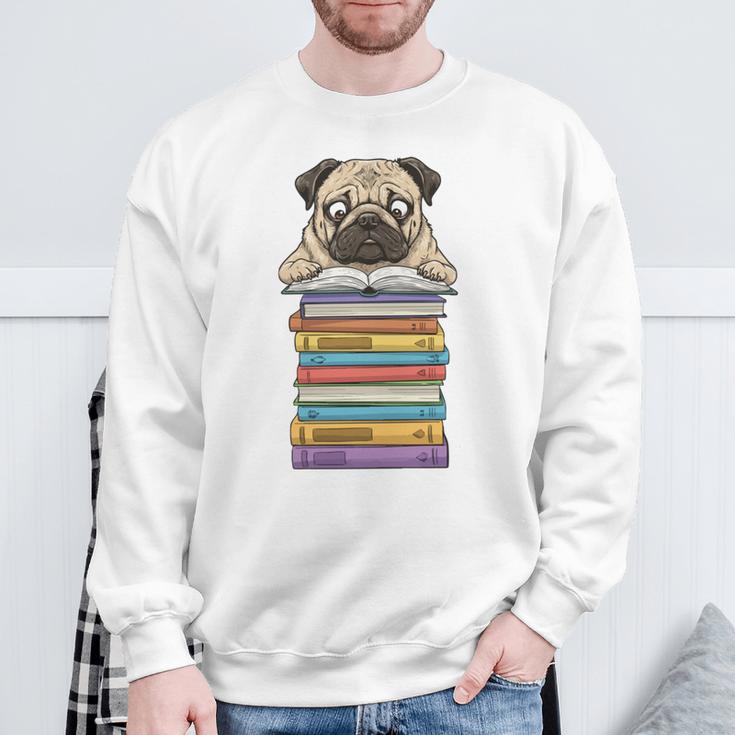 Cute Pug Dog Reading Book On Pile Of Books Sweatshirt Gifts for Old Men Cute Pug Dog Reading Book On Pile Of Books Sweatshirt Gifts for Old Men